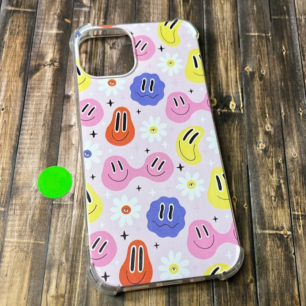 5for$10 Flexible Pink Colored Trippy Smiley Face & Daisies iPhone 13 Phone case